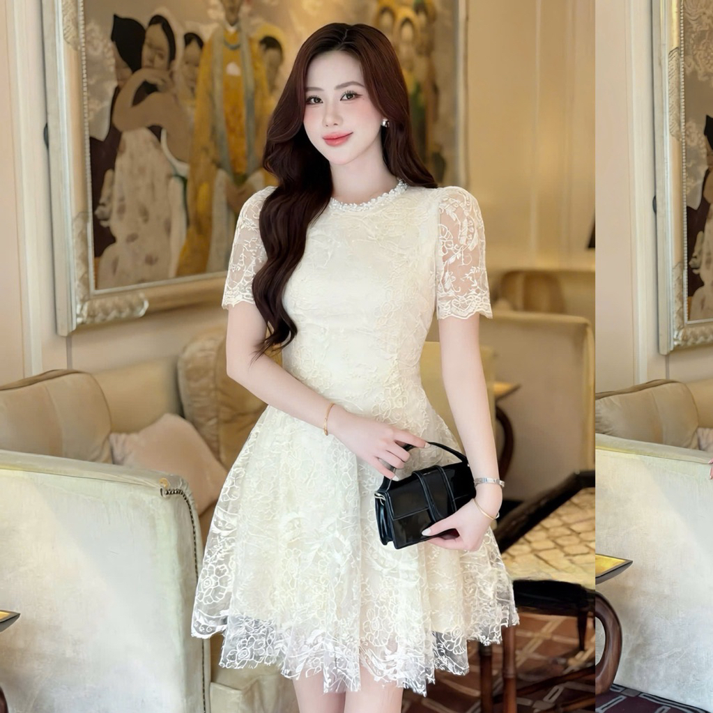 HD Store- Váy ren bling kim sa cổ dải cườm xoè, đầm ren bling