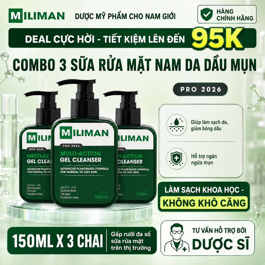 Combo 3 Sữa Rửa Mặt Kiềm Dầu MILIMAN 150ML - Giúp Làm Sạch Sâu, Hỗ Trợ Kiềm Dầu Ngừa Mụn
