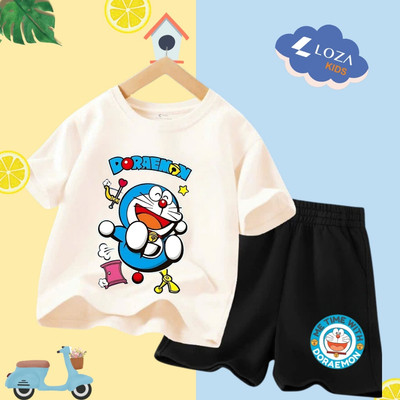 Bộ đồ bé gái thun cotton in hình Doraem  - Set đồ cho bé cân nặng từ 15-45kg (áo phông + quần đùi) - Loza Kids SB362