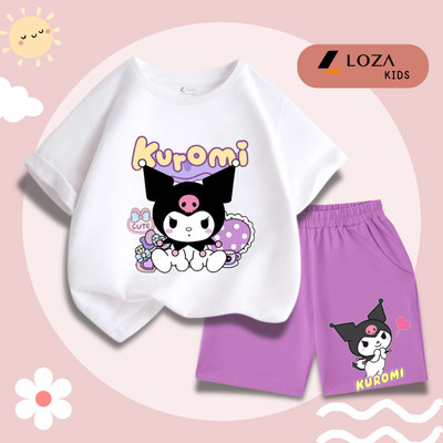 Bộ đồ bé gái thun cotton in hình KUROMI  - Set đồ cho bé gái cân nặng từ 15-45kg (áo phông + quần đùi) - Loza Kids SB308