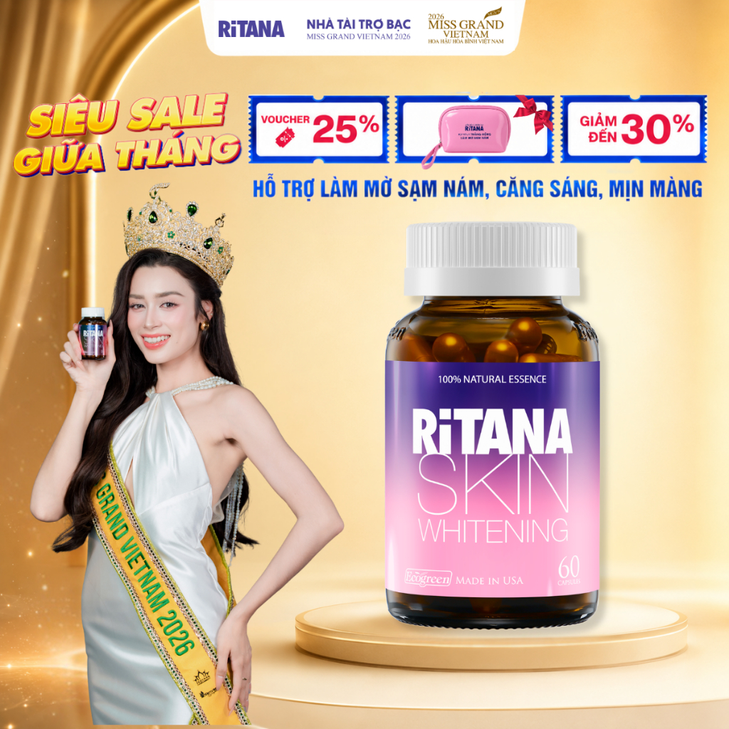 Viên Uống Trắng Da RITANA Chứa Glutathione Hỗ Trợ Chống Nắng, Mờ Sạm Nám, Căng Sáng Và Mịn Màng Hộp 