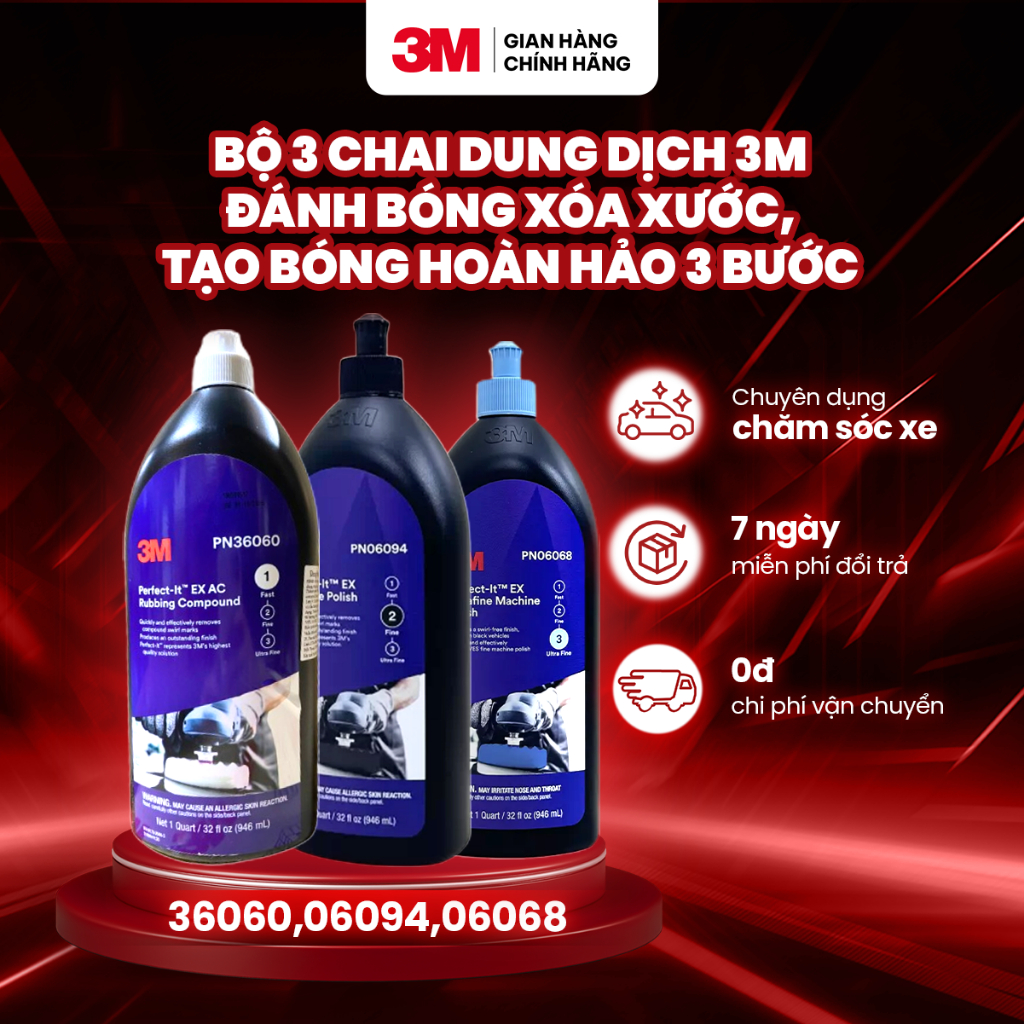 Bộ 3 Chai Dung dịch đánh bóng xóa xước sơn 3 bước 3M 36060,06094,06068