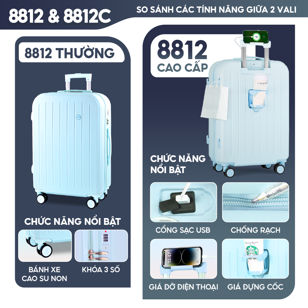 Vali Du Lịch Bamozo 8812 Thời Trang Size 20/24 inch Chất Liệu Nhựa ABS 3 Lớp Bền Đẹp