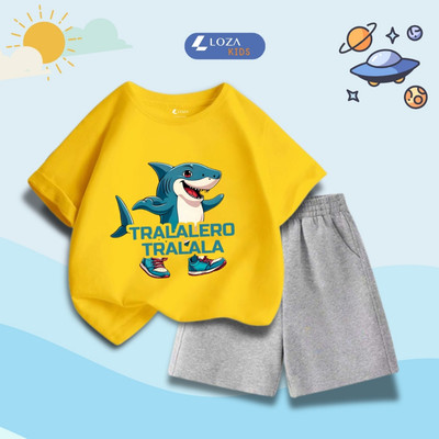 Bộ đồ bé chất thun cotton in hình Cá mập- Set đồ cho bé cân nặng từ 15-45kg (áo phông + quần đùi) - Loza Kids SB386