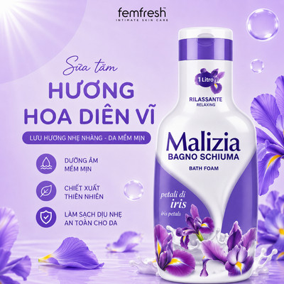 Sữa Tắm Malizia Hương Hoa Diên Vĩ Thư Giãn Dưỡng Ẩm Làm Sạch Dịu Nhẹ 1000ml
