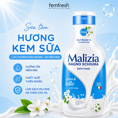 Sữa Tắm Malizia Hương Kem Sữa Dưỡng Ẩm Làm Mềm Da Hương Thơm Dịu Nhẹ 1000ml