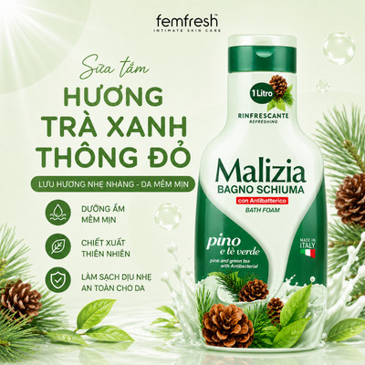 Sữa Tắm Malizia Hương Trà Xanh & Thông Đỏ Làm Sạch Dịu Nhẹ Dưỡng Ẩm Da 1000ml