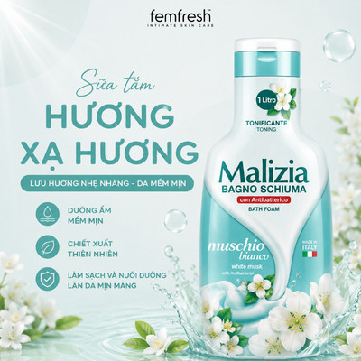 Sữa Tắm Malizia Hương Xạ Hương Trắng Mùi Thơm Cao Cấp Dưỡng Ẩm Làm Sạch Dịu Nhẹ 1000ml
