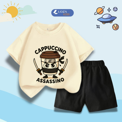 Bộ đồ bé chất thun cotton in hình CAPPUCCINO- Set đồ cho bé cân nặng từ 15-45kg (áo phông + quần đùi) - Loza Kids SB388