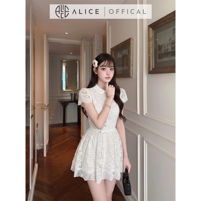Váy Ngắn Cổ Sen Alice Chất Ren Hoa Mềm, Đầm Tiểu Thư Dáng Chữ A Xòe Nhẹ, Tay Ngắn Bồng Phối Nơ Eo Nữ Tính T623