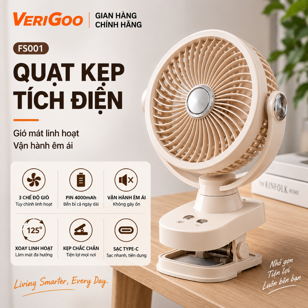 Quạt kẹp tích điện FS001 WEZEN x VERIGOO xoay 360 độ 3 cấp độ gió pin 4000mAH bền bỉ khóa kẹp chắc c