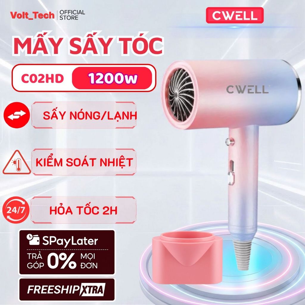 Máy Sấy Tóc Mini CWELL 4 mùa 1200W C02HD, 2 Chế Độ Nóng Lạnh, Ánh Sáng Xanh - TẶNG ĐẦU SẤY