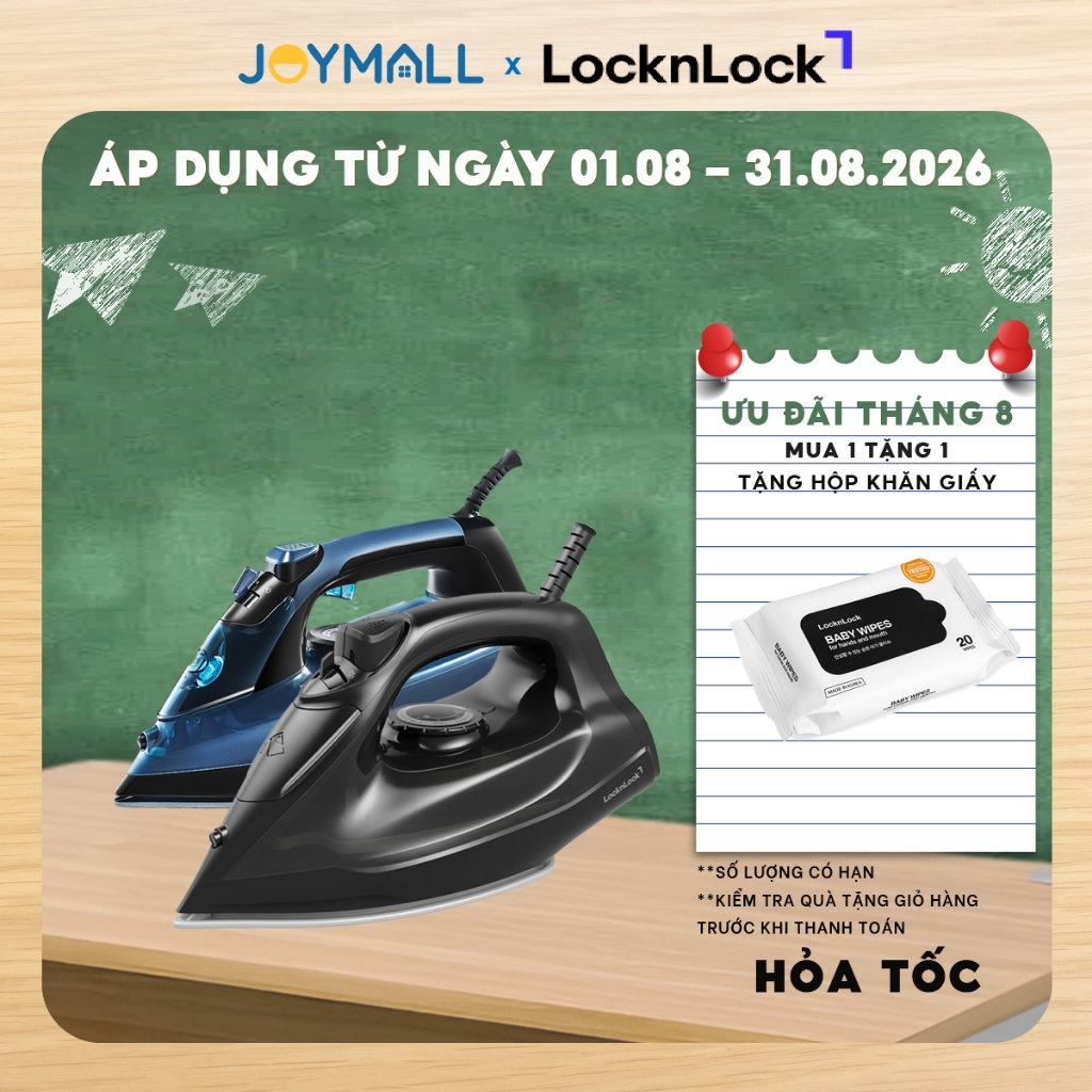 Bàn ủi hơi nước LocknLock ENI362BLU, ENI334BLK, Hàng chính hãng, tự làm sạch, chống nhỏ giọt-JoyMall