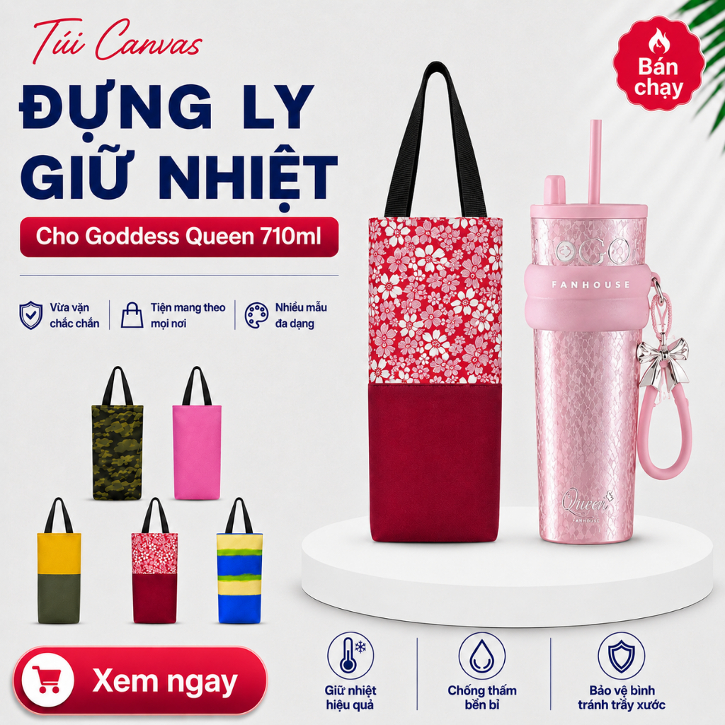 Túi đựng cho Ly giữ nhiệt Goddess Queen 710ml FanHouse vải Canvas bình cốc 24x8x9