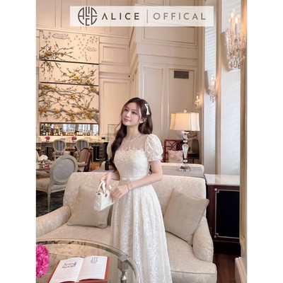 Đầm Ren Maxi Dáng Xòe Dài Đính Hoa Ren Nổi Tay Phồng Bo Chun, Váy Ren Voan Tiểu Thư Cổ Vuông Phối Tơ T625