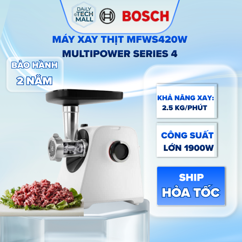Máy Xay Thịt Bosch MFWS420W MultiPower Series 4 Công Suất 1900W - Chính Hãng, Xay Nhuyễn Nhanh, Bảo 