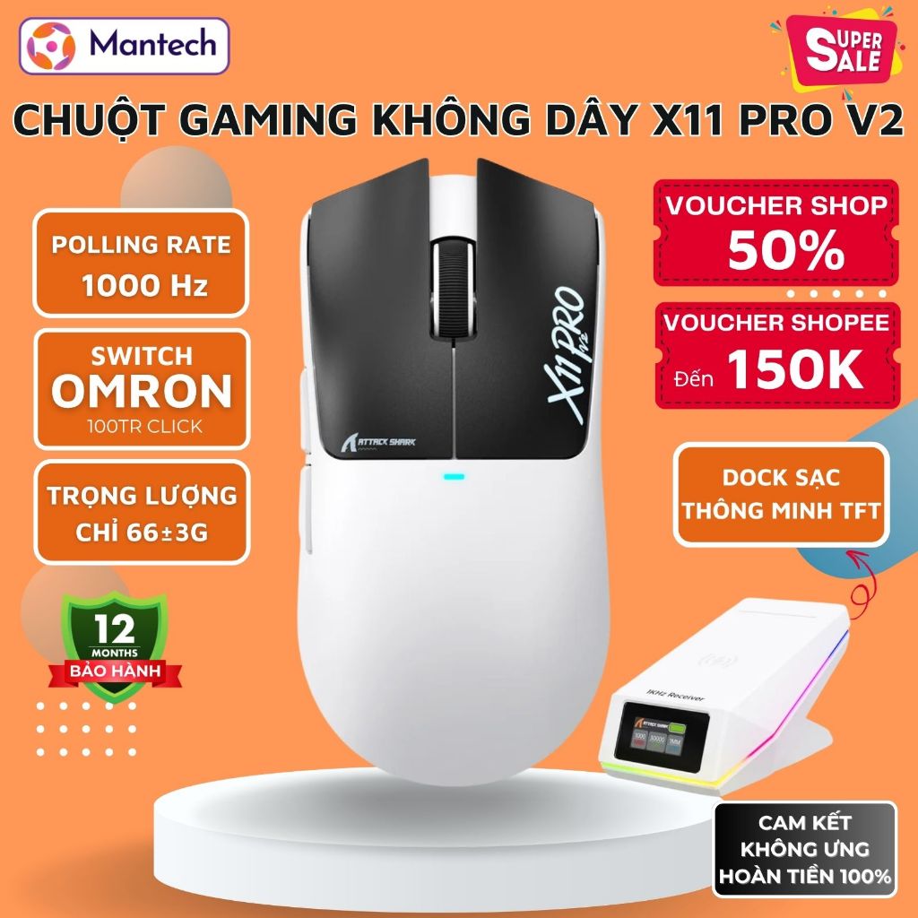 Chuột Gaming Không Dây Attack Shark X11 Pro V2 - Dock TFT, Polling Rate 1000Hz, PAW3315, 30K DPI