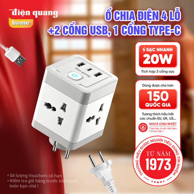 [KOL] Ổ Cắm Trụ Vuông Đa Năng Điện Quang Công Suất 2500W (4 Lỗ 1 USB Và 2 Type C) Bảo Hành 12 Tháng