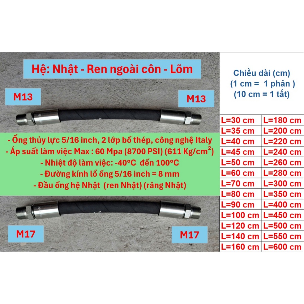 Ống thủy lực 5/16 inch, 2 đầu bấm hệ Nhật - Ren ngoài côn - Lõm (Răng ngoài côn - Lõm) M13 - M13 và 
