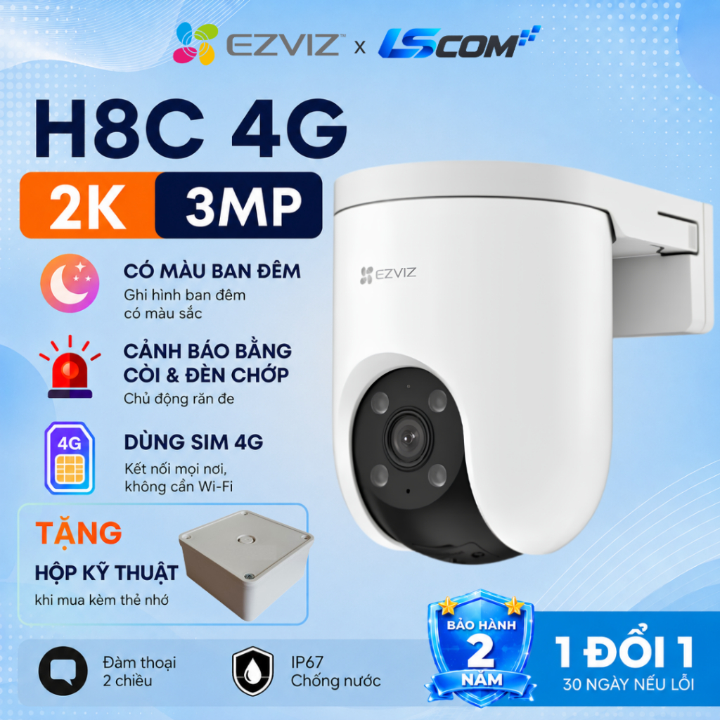 Camera Ngoài Trời 4G EZVIZ H8C 3MP, Hỗ Trợ SIM 4G, Báo Động Chủ Động, Đàm Thoại 2 Chiều, Ban Đêm Có 