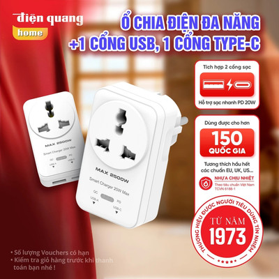 [KOL] Ổ Cắm Chia Điện Không Dây Điện Quang, Kèm USB TypeC Sạc Nhanh, Phù Hợp Mang Du Lịch Hơn 150 Quốc Gia