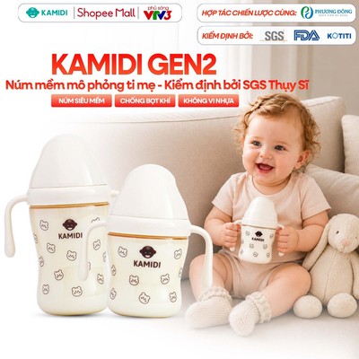 Bình Sữa Kamidi GEN 2 PPSU Núm Mềm Mô Phỏng Ti Mẹ Họa Tiết Gấu Cho Bé Tập Ti Bình