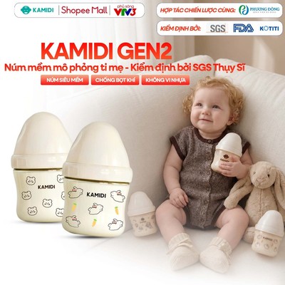 Bình Sữa Sơ Sinh Kamidi GEN 2 Núm Mềm 3 Van Thoát Khí Kép Vượt Trội,Bình Sữa Kamidi Cho Bé Tập Ti Bình