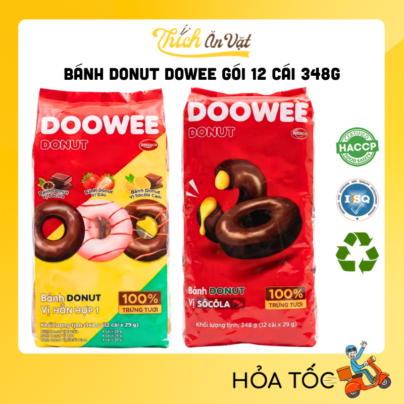 Bánh Donut Dowee Vị Socola/3 Vị Socola, Dâu, Socola Cam Gói 12 Cái 348g - Thích Ăn Vặt