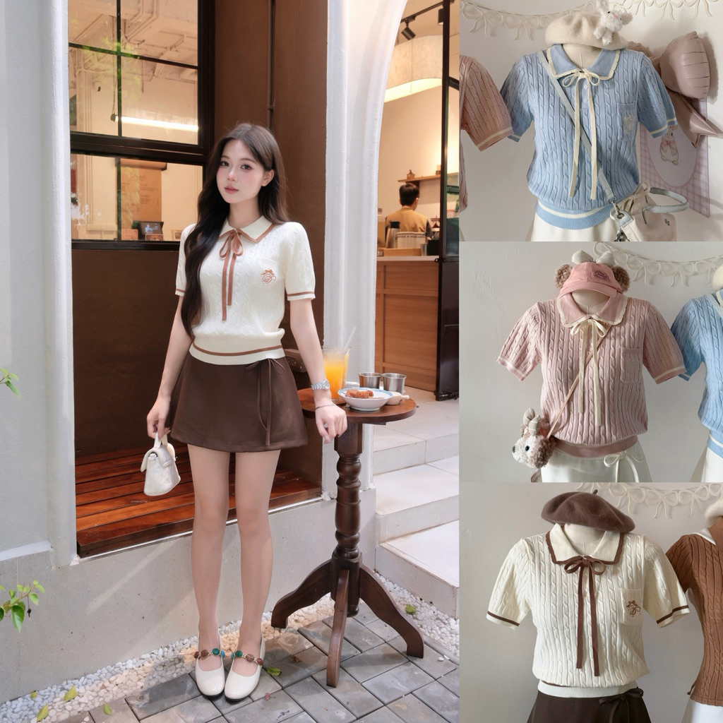 [ ẢNH THẬT ] NAMI TOP - ÁO POLO LEN CỔ VIỀN BÈO PHỐI NƠ NỮ TÍNH TÚI NGỰC THÊU LOGO sweater.daoathu