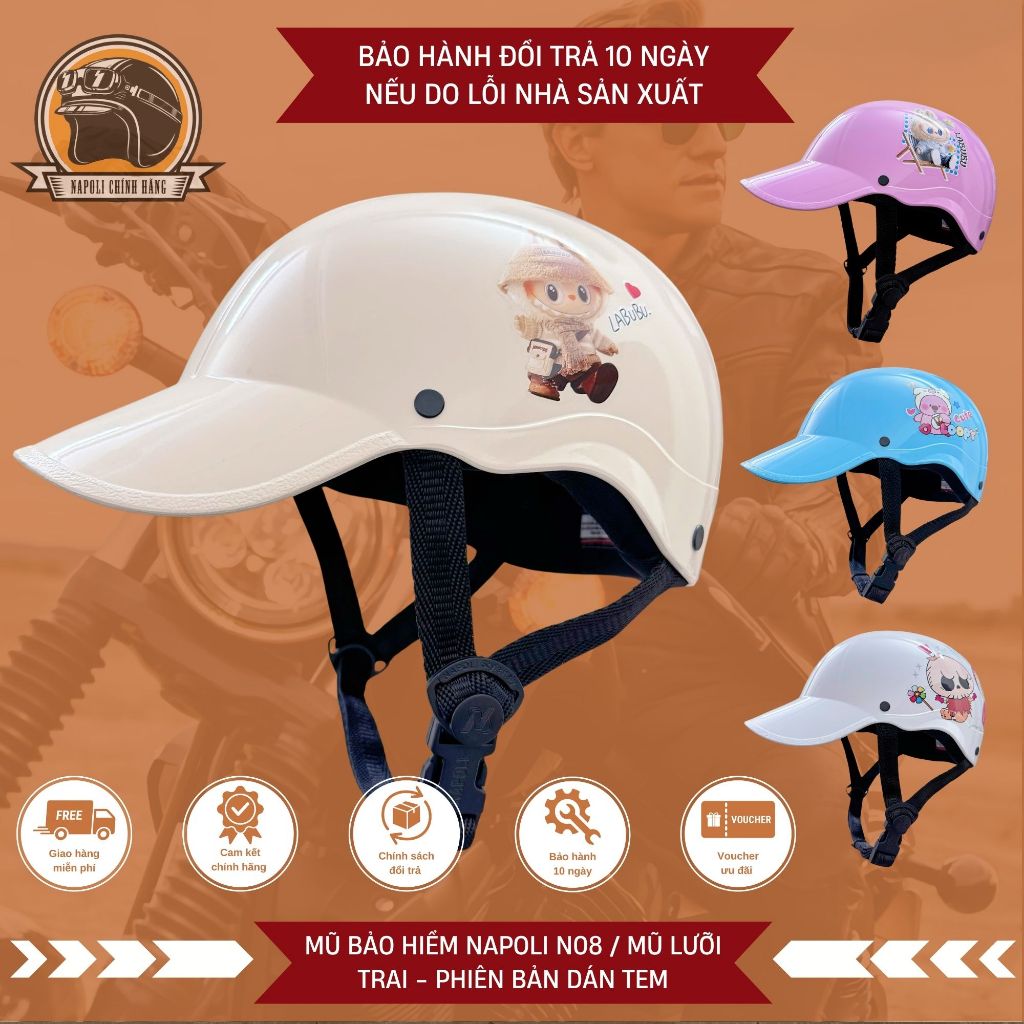 Mũ Bảo Hiểm Kết Lưỡi Trai Napoli Nửa Đầu Bản Tem [CHÍNH HÃNG] [FREESHIP] - Nón Bảo Hiểm Napoli 1/2
