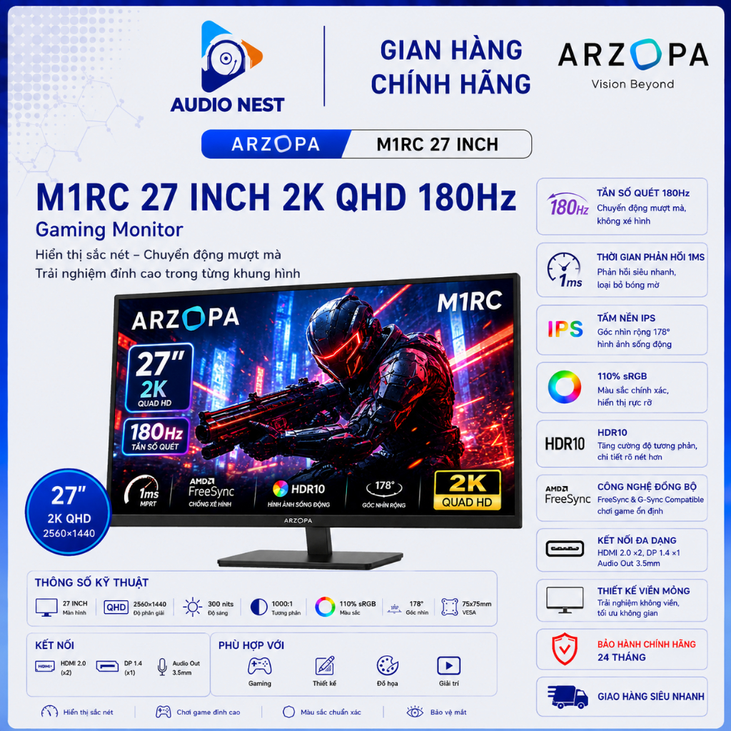 Màn Hình ARZOPA M1RC 27 Inch 180Hz 2K QHD HDR10 1ms 110% sRGB - Bảo Hành 24 Tháng.