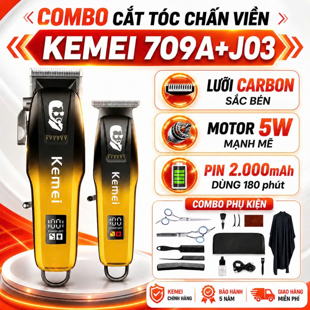Tông Đơ Cắt Tóc Không Dây Chuyên Nghiệp Kemei 709A, Tăng Đơ Cắt Tóc Nam Chính Hãng Cao Cấp Cho Salon