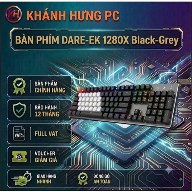 Bàn phím quang cơ DAREU EK1280X BLACK-GREY (WATERPROOF, Optical switch, MULTI LED)