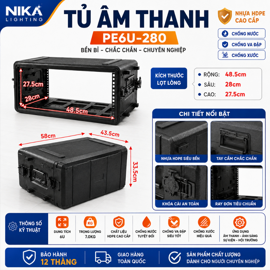 Tủ âm thanh nhựa HDPE 6U đựng Mic và thiết bị âm thanh sâu 28cm