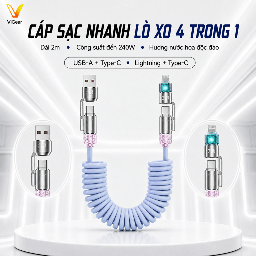 Cáp Sạc Nhanh Lò Xo 4in1 Hương Nước Hoa PREMIUM Công Suất 240W Kéo Dài 2m Sạc Nhanh Cho Nhiều Thiết 