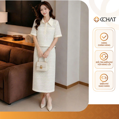 Set Đồ Nữ 𝐂𝐂𝐇𝐀𝐓 Dáng Suông Line Dệt Họa Tiết Chất Liệu Ren Dệt Kim Cao Cấp 16BNC2055ST