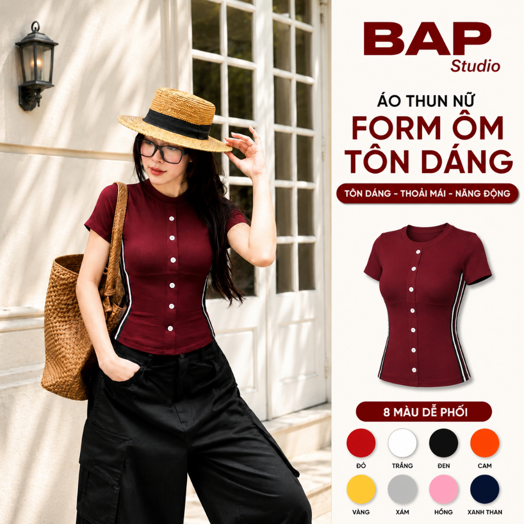 Áo Thun Nữ Form Ôm Tôn Dáng Phối Viền Kẻ Chất Cotton Mịn Phong Cách Hàn Quốc BAP STUDIO - A182