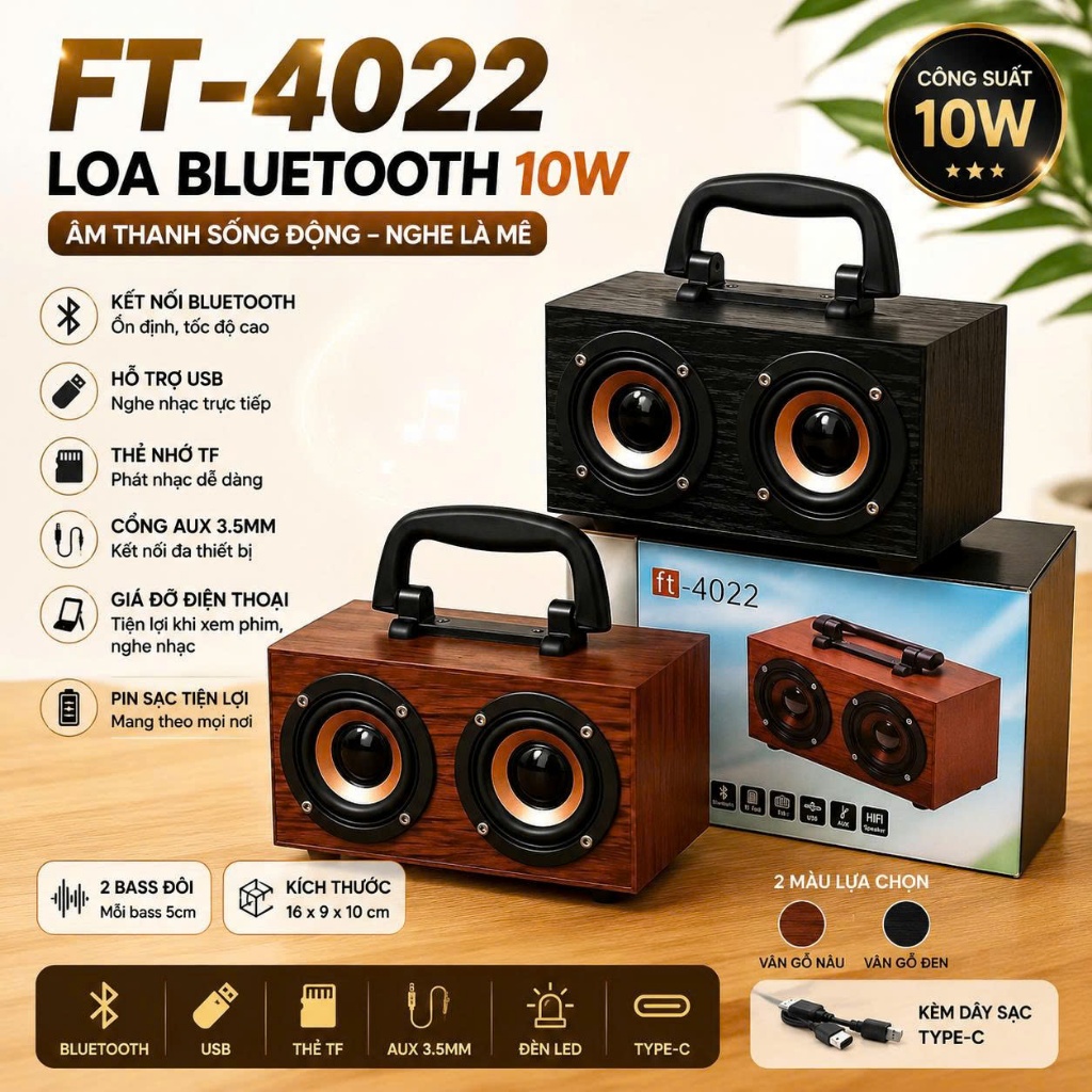 Loa Bluetooth FT-4022 10W, 2 Bass 5cm, Loa Để Bàn Có Giá Đỡ Điện Thoại, USB TF AUX, Type-C