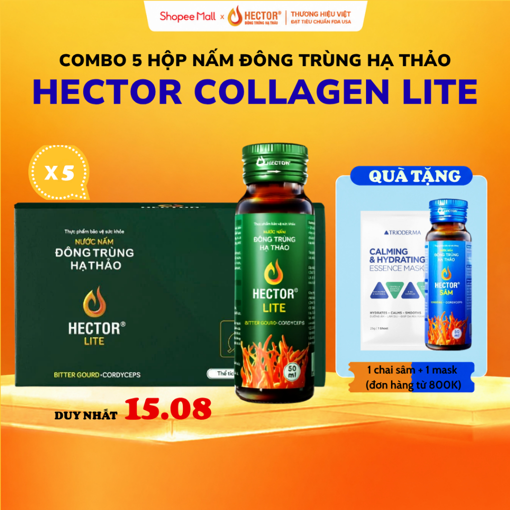 Combo 5 hộp Nước Nấm Đông Trùng Hạ Thảo Hector Lite (50 chai)