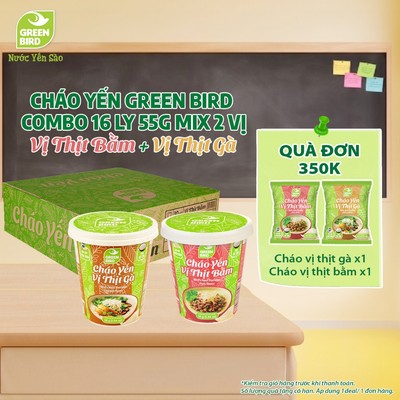 Combo 16 Ly Cháo Yến Green Bird Mix 2 Vị Thịt Bằm + Thịt Gà Dinh Dưỡng Thơm Ngon - Gói 55g