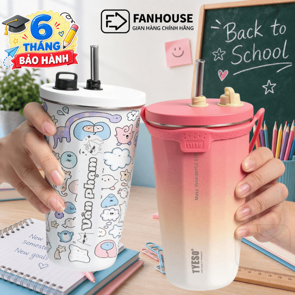 Ly giữ nhiệt Tyeso Wonder 600ml bình giữ nhiệt có ống hút inox 304 Fan House khắc tên tăng túi