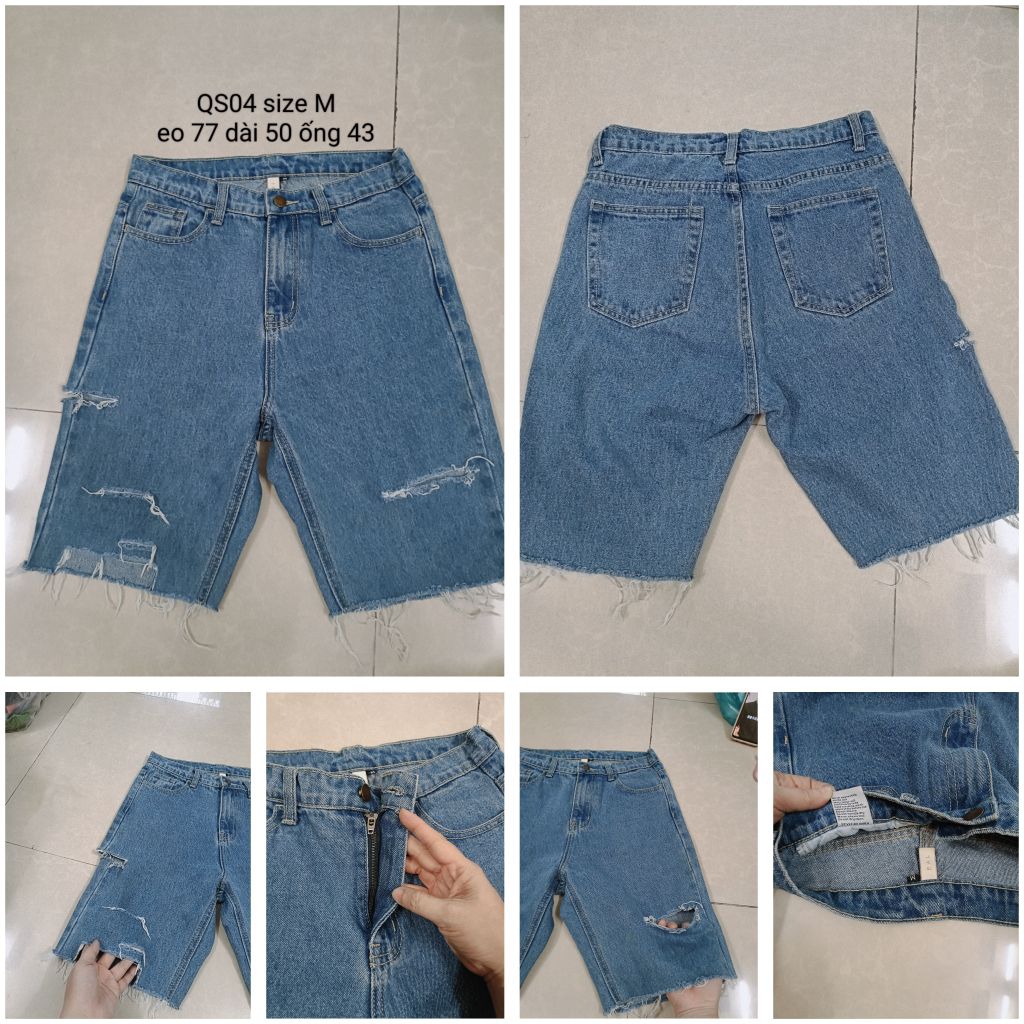 QS04#Quần Short Jean Nam Nữ 2Hand Ống Rộng Rách Gối EAL Hàn Quốc, Quần Đùi Bò Si Tuyển Dáng Suông Ca