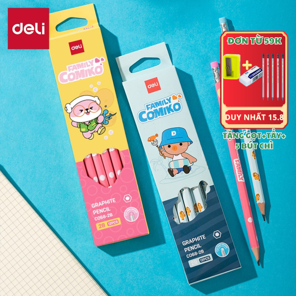 [TẶNG 7 QUÀ] Hộp 12 Bút Chì Học Sinh Deli Thiết Kế Comiko Xinh Xắn Viết Chì 2B HB Kèm Đầu Tẩy Luyện 