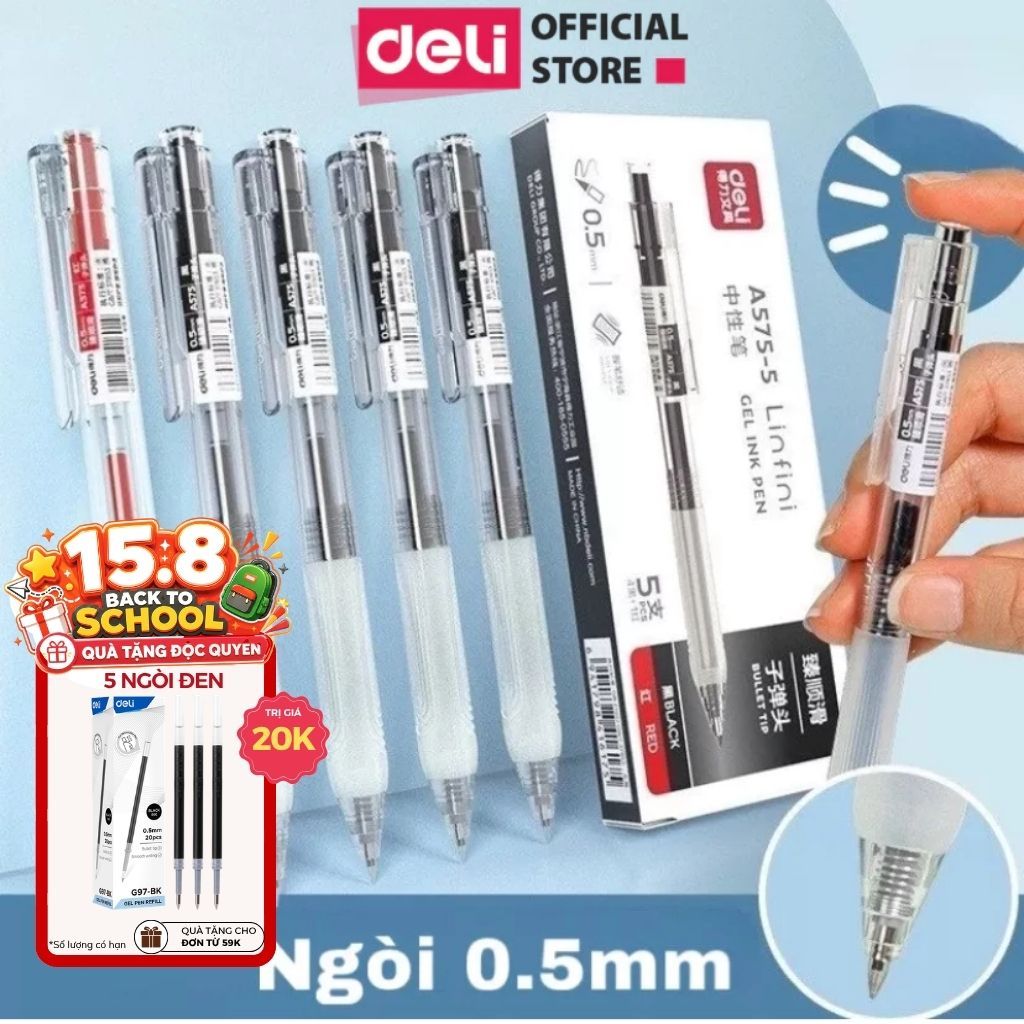 [NÂNG CẤP 2026] Bút Bi Nước Deli Viết Gel Bấm A575 Ngòi 0.5mm Mực Xanh Đen Đỏ Trơn Tru Học Sinh Văn 