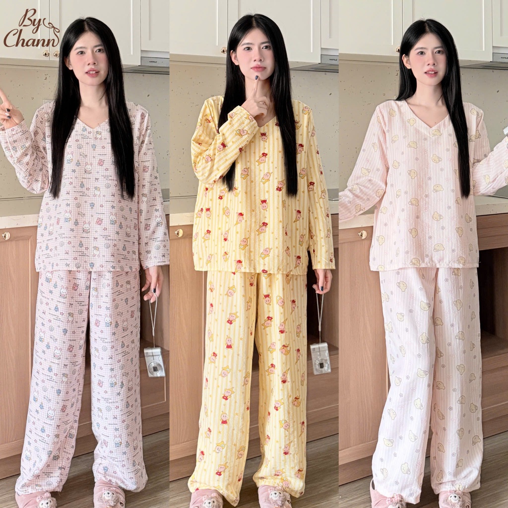 Bộ Đồ Ngủ BY CHANN (BN31) áo dài quần dài nhiều hình dễ thương chất liệu đũi mềm (có size đến 80kg)