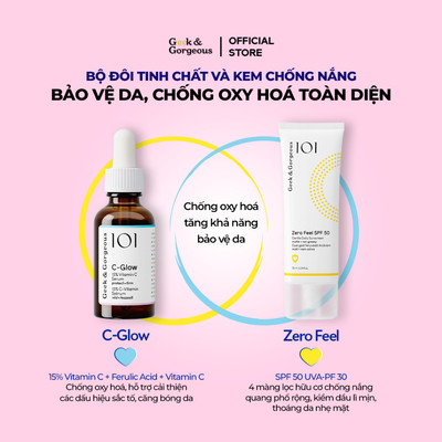 Combo bảo vệ da, chống oxy hoá toàn diện serum C-Glow 30ml + kem chống nắng Zero Feel 75ml