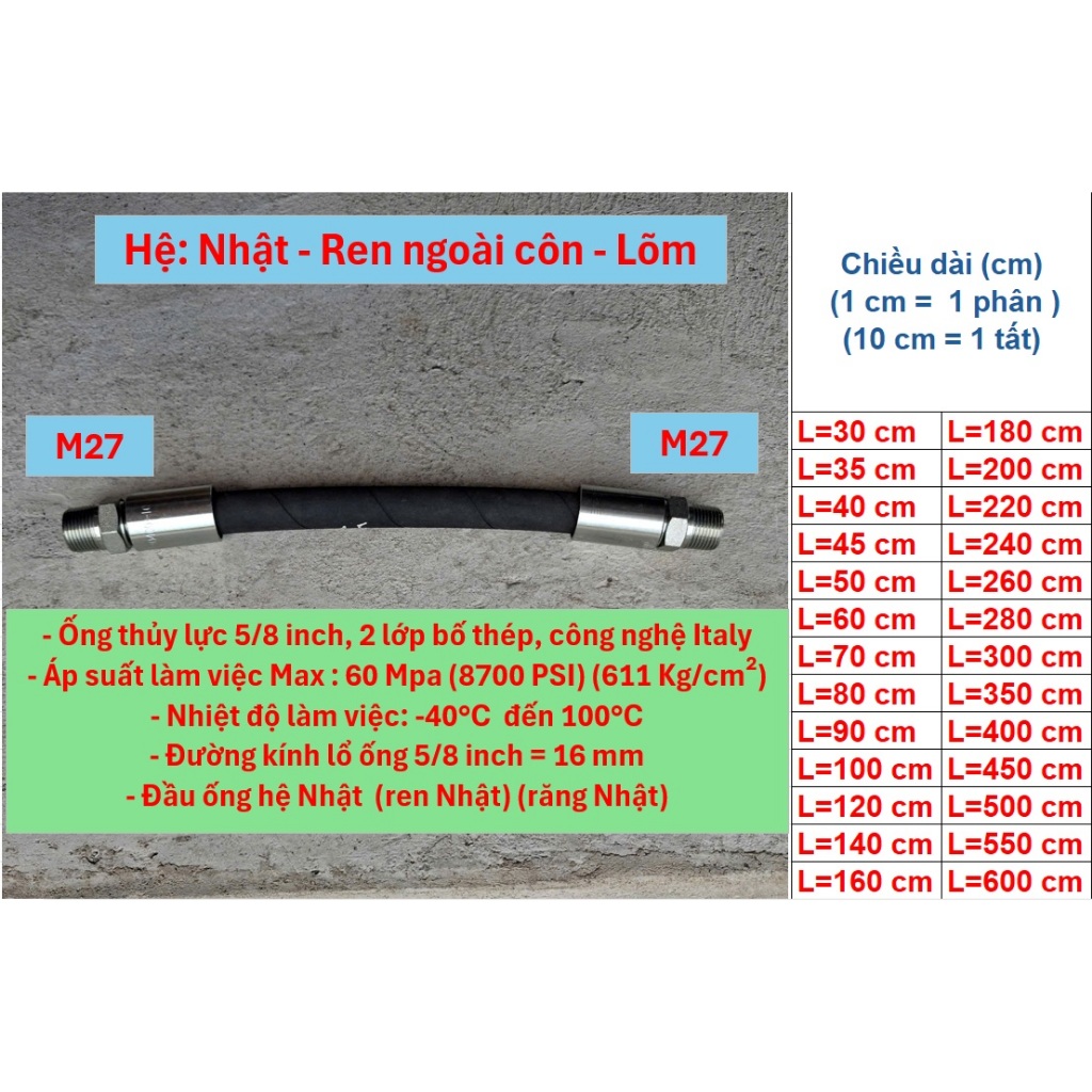 Ống thủy lực, ống khí nén 5/8 inch, 2 đầu bấm hệ Nhật - Ren ngoài côn - Lõm (Răng ngoài côn - Lõm) M