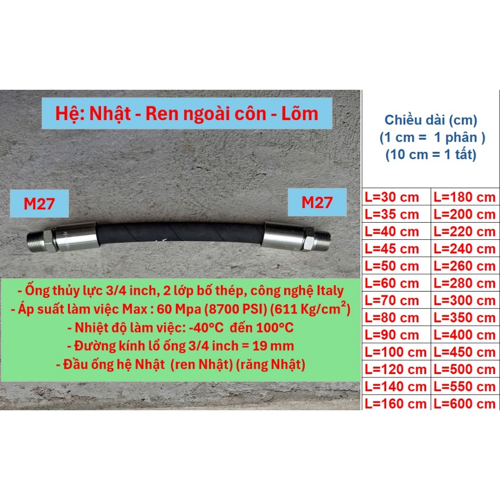 Ống thủy lực, ống khí nén 3/4 inch, 2 đầu bấm hệ Nhật - Ren ngoài côn - Lõm (Răng ngoài côn - Lõm) M