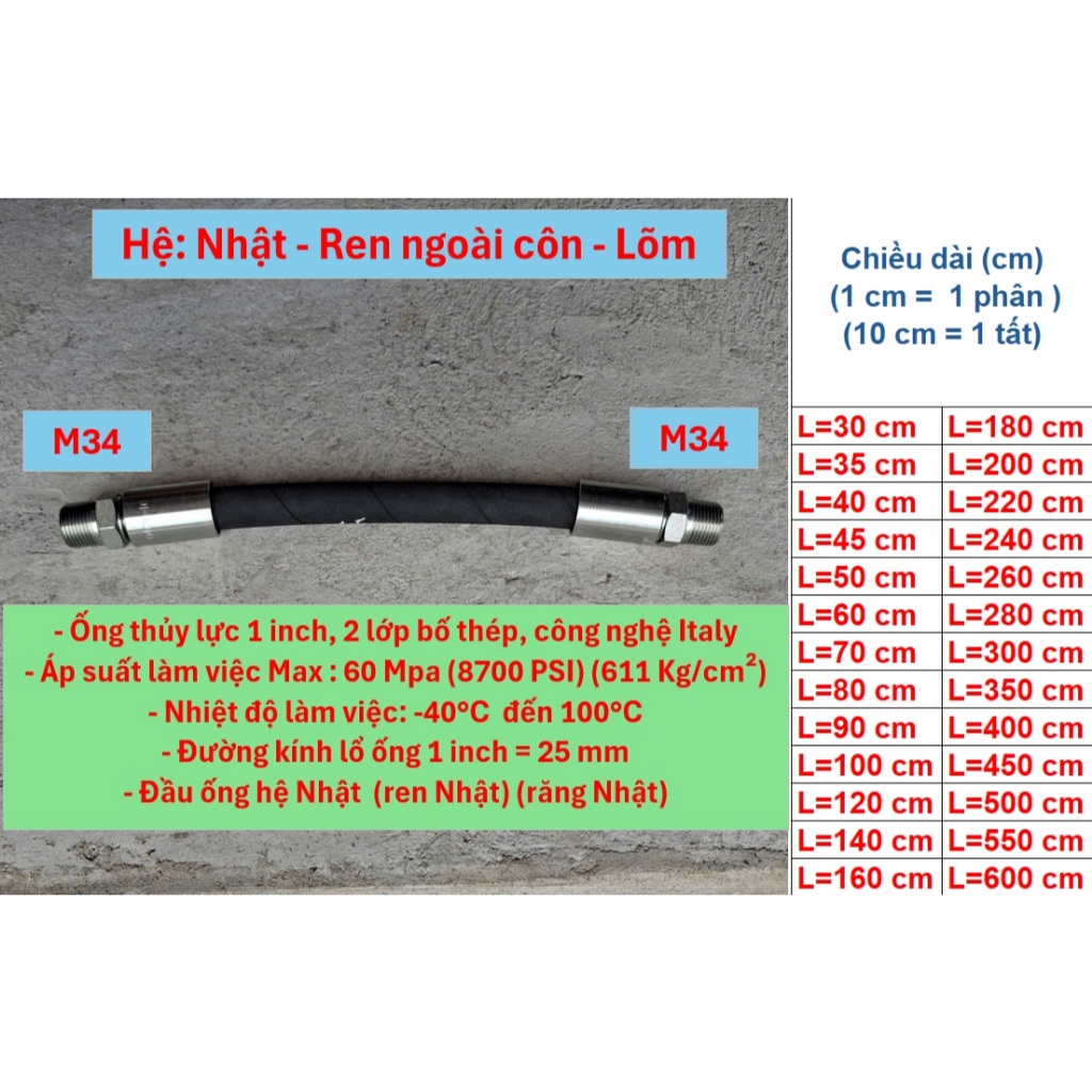 Ống thủy lực, ống khí nén 1 inch, 2 đầu bấm hệ Nhật - Ren ngoài côn - Lõm (Răng ngoài côn - Lõm) M34