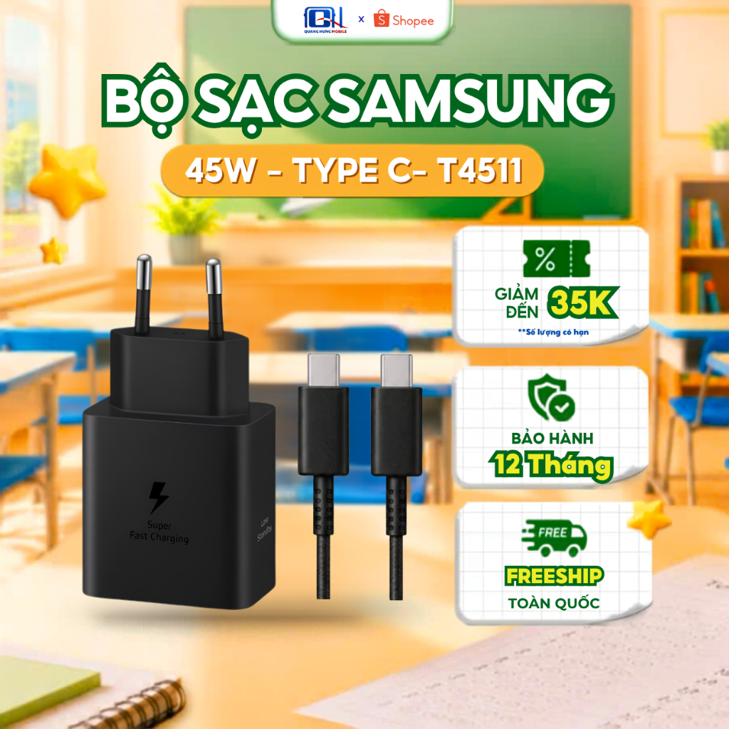Bộ sạc nhanh Type-C PD 45W Samsung EP-T4511 kèm cáp Type C - Type C - Hàng Chính Hãng